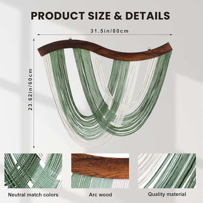 Green Macrame Wall Hanging Dip Dyed Yarn Wall Art, Modern Boho Decor | Handmade Cotton Rope Tapestry for Bedroom, Living Room, Nursery, 31.5 x 23.6 Inch