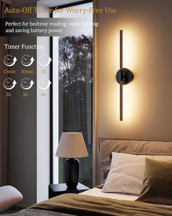 24" Battery Operated Wall Sconce Set of 2, 350° Rotating Lamp, Walnut Black | Wireless, 8000mAh Rechargeable Battery, Stepless Dimming, 3000K-6000K, Remote & Touch Control, Timer, Living Room, Bedroom