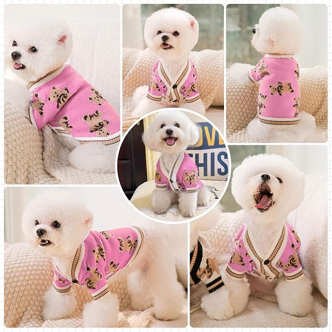 ABRRLO Small Dog Sweaters Cute Bear Dog Cardigans Clothes for Small Medium Dogs Boy Girl Puppy Cat Knitting Cardigan Outfits Dogs Winter Coats Warm Pet Doggy Clothes Soft Knitwear (Pink, Small)
