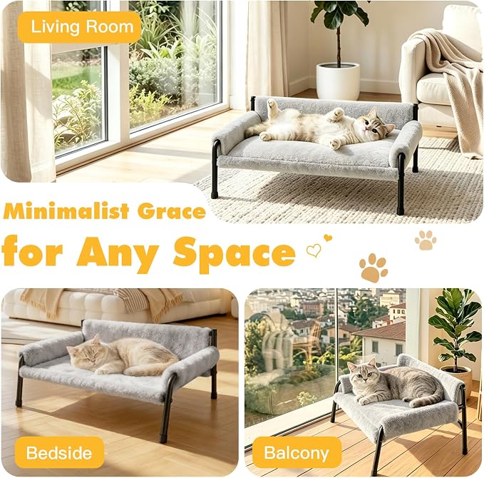 Pawaboo Elevated Cat Couch Bed for Indoor Cats, Sturdy Metal Frame Cat Sofa | Cat Bed Furniture with Removable Washable Cover, Reclined Backrest, Fluffy Raised Pet Sofa Kitten Hammock Chair Home, Gray