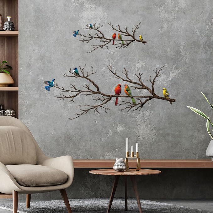 ESTART Metal Birds Wall Art, Metal Vivid Birds on Branch Silhouette Wall Decor Black Leaves with Bird Outdoor Hanging Wall Sculpture for Home Balcony Garden (Vintage Color, Small)