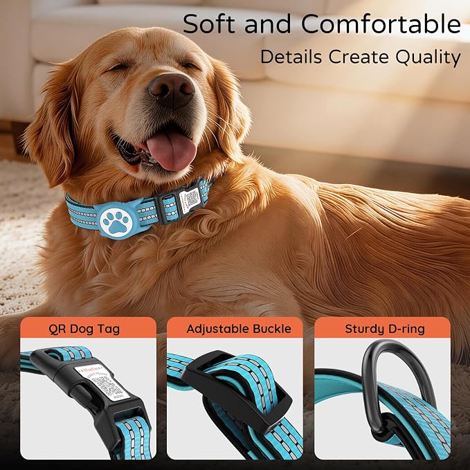 Waterproof AirTag Dog Collar with QR Code Dog Tag, Blue02 L | IP68 waterproof, QR code dog tag, Anti-Lost, Online profile, fits XS-L (8"-26"), Padded nylon, Reflective, No App, No Fees
