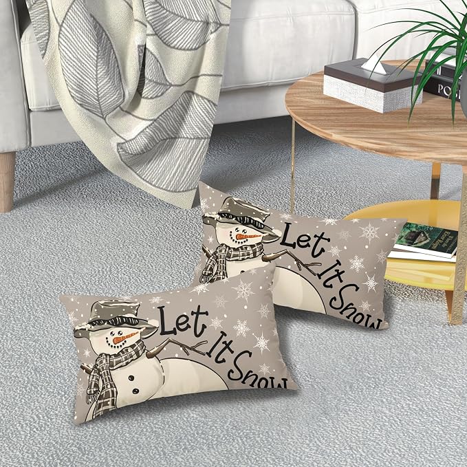 Christmas Gray Lumbar Pillow Covers 12X20 Inch Set of 2 Xmas Snowman Snowflake Decorative Pillow Cases Winter Holiday Cotton Linen Cushion Case Modern Home Decor for Sofa Couch Bedroom