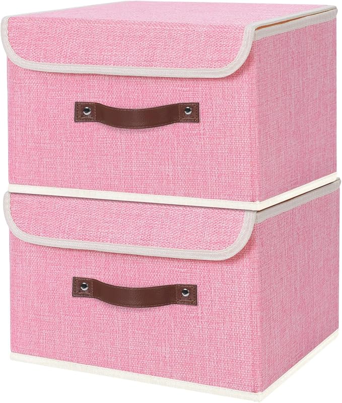 ANMINY Fabric Storage Box Bins with Lids, Pink, 13"x9"x7.9", 2 Pack | Keepsake Memory Storage, Cotton Linen, PP Board Reinforced, Washable, PU Handles, Foldable & Stackable, Decorative, Medium