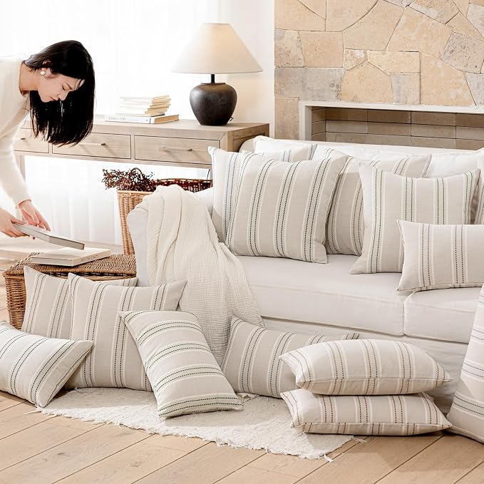Hckot Grey Decorative Throw Pillow Covers 20x20 Set of 2 Boho Pillow Covers | Striped Farmhouse Pillows Textured Linen Square Cushion Covers for Sofa Couch Bed Living Room Decor(Light Grey)