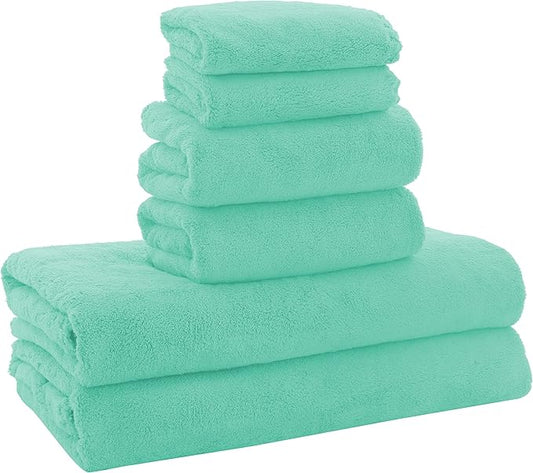 MOONQUEEN Ultra Soft Microfiber Coral Velvet Towel Set - Quick Drying, 2 Bath Towels, 2 Hand Towels, 2 Washcloths - Aqua Green, 6 Pcs
