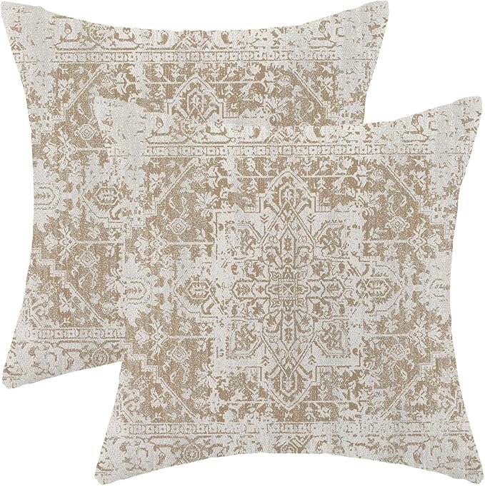 AEIOAE Boho Pillow Covers 22x22 Inch Set of 2,Carpet Pattern Throw Pillows Case,Brown Beige White Ethnic Design Outdoor Decorative Square Linen Farmhouse Decor Cushion Covers for Home Sofa Bed Couch