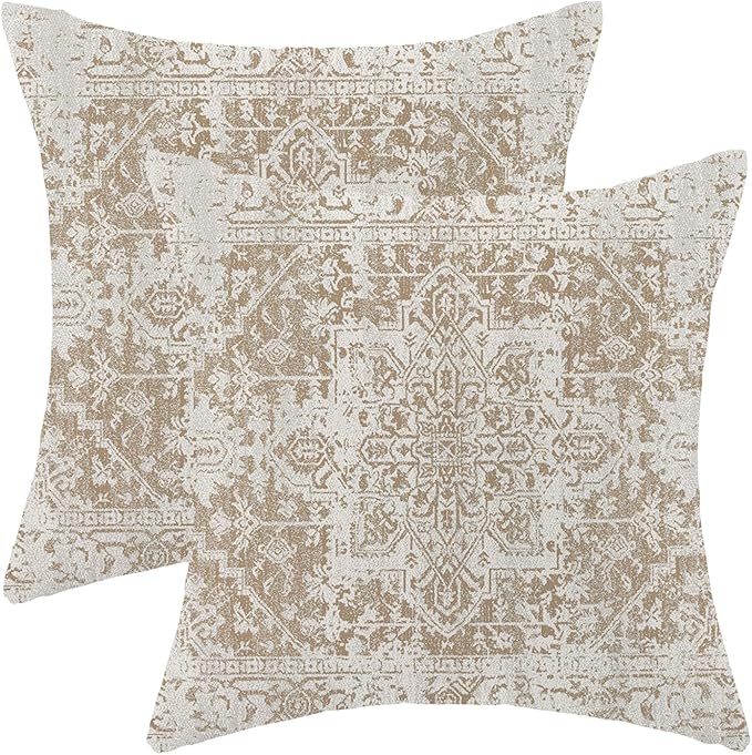 AEIOAE Boho Pillow Covers 24x24 Inch Set of 2,Carpet Pattern Throw Pillows Case,Brown Beige White Ethnic Design Outdoor Decorative Square Linen Farmhouse Decor Cushion Covers for Home Sofa Bed Couch