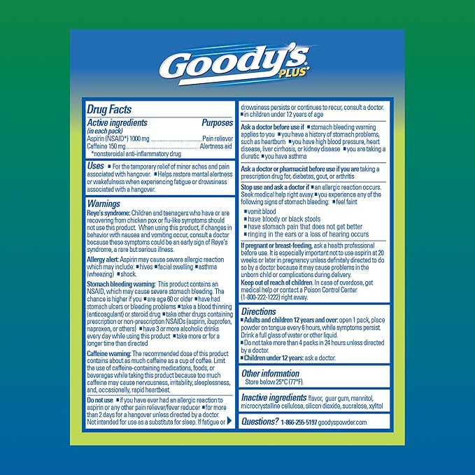 Goody’s Headache Relief Plus Mental Alertness Powder, with Aspirin and Caffeine, Strawberry Citrus Flavor, 16 Count
