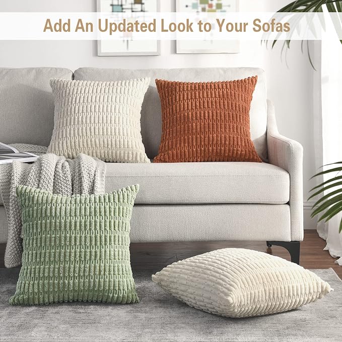 Volcanics Pack of 2 Sage Green Decorative Throw Pillow Covers 18x18 Inch, Soft Corduroy Striped Square Cushion Cases, Modern Farmhouse Boho Home Decor for Spring Couch Bed Sofa Living Room | Soft Corduroy Striped Square Cushion Cases, Modern Farmhouse ...