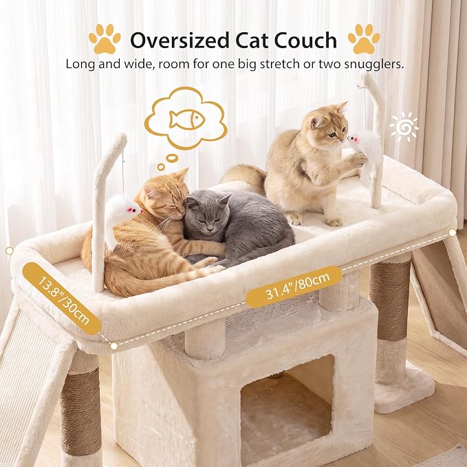 Heybly Cat Tree Extra-Long & Stable 2 Adjustable Scratch Boards HCT210SMJ | Easy-Climb Cat Tower with Dual-Leg Floor Condo, Sturdy Cat Furniture with Extra Wide Platform & Interactive Toys, Beige