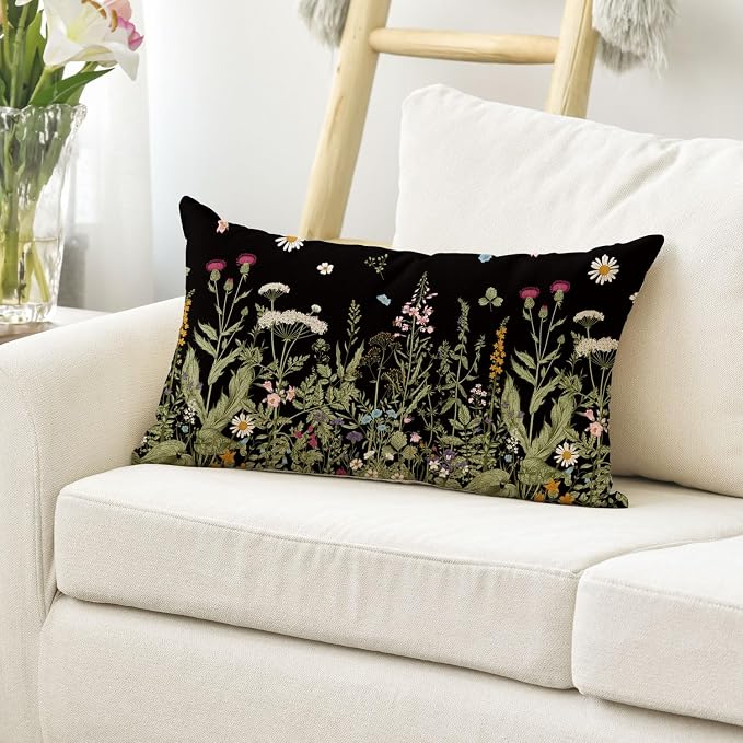 AVOIN colorlife Wildflowers Spring Black Throw Pillow Cover 12x20 Inch | Daisy Cushion Case Decoration for Home Sofa Couch