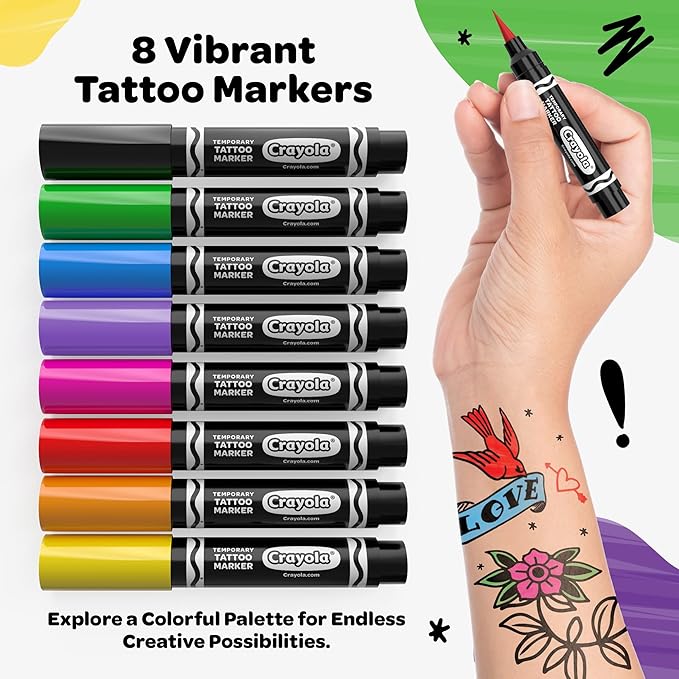 Crayola 8ct Temporary Tattoo Markers: Skin-Safe Ink, Vibrant Colors, Gifts for Children, Teens and Adults, Made in the USA [1 Pack]