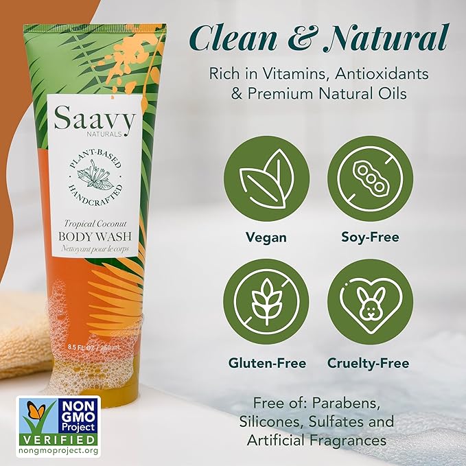 Saavy Naturals Moisturizing Body Wash for Sensitive Skin – Plant-Based & Pure with Coconut Oil, Shea Butter & Aloe Vera – Paraben-Free, Cruelty-Free – Tropical Coconut – 8.5 fl oz, 1 pack