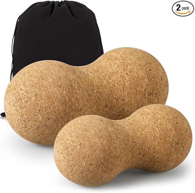 Novabright 2 Pcs Cork Peanut Massage Ball Double Lacrosse Ball Peanut Roller for Myofascial Release, Muscle Relaxation Acupoint Massager for Back, Shoulder, Feet Pain Relief(4.7 and 6.3 Inches)