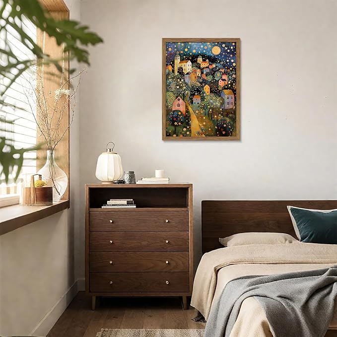 Abstract Moon Stars Tree Framed Canvas Wall Art – Vintage Gustav Klimt Style Oil Painting Print, Village Night Landscape Decor for Living Room Bedroom Nursery Office 16x24 inch