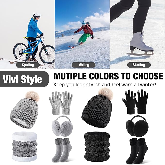 SATINIOR 5 Pcs Winter Hat Scarf Gloves Set Fleece Warm Lined Knit Beanie Hat Touch Screen Earmuff Gloves Warmer for Women(Black,Vivid Style)