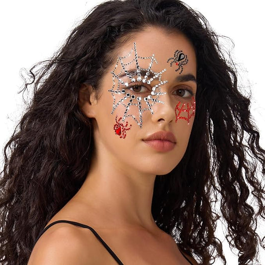 YGDZ Face Gems Stick On, Halloween Face Jewels, Spider Web Silver, Black, Red Face Gems for Halloween Face Makeup, Face Hair Rhinestones Stickers for Women, Kids
