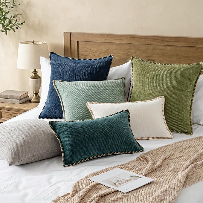 a moment Pack of 2 Decorative Chenille Throw Pillow Covers with Twill Cushion Covers for Sofa Living Room Couch Bed 22x22 Inch,Crafted Border Moss Green