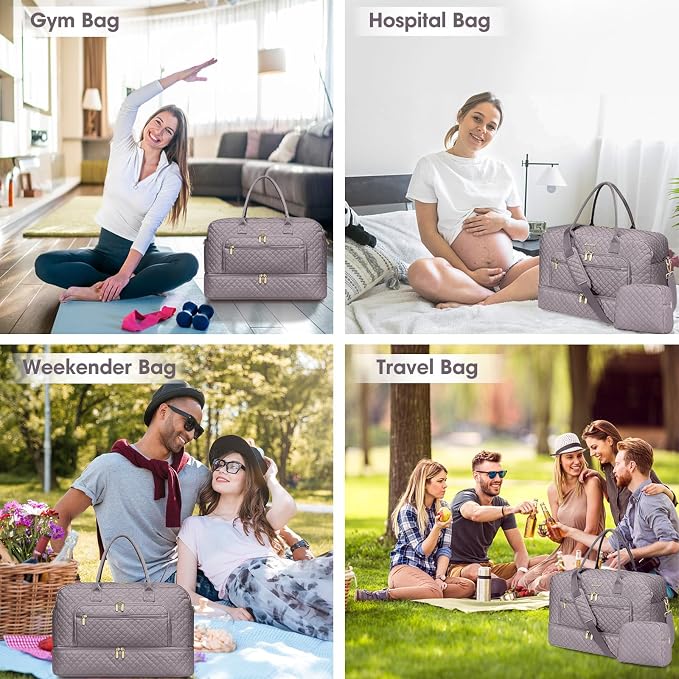 Large Women Travel Duffle Bag, Weekender Bags for Women with Shoe Compartment, Carry on Overnight Bag with Toiletry Bag, Gym Duffel Bag with Wet Pocket, Hospital Bags for Labor and Delivery 3 PCS Set