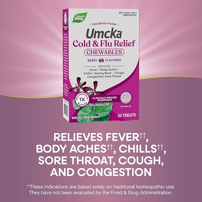 Nature's Way Cold+Flu Relief, Umcka, Shortens Duration and Reduces Severity, Multi-Symptom Relief, Homeopathic, Phenylephrine Free, Non-Drowsy, Berry Flavored, 20 Chewable Tablets (Packaging May Vary)