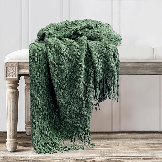 BOURINA Green Throw Blanket 50 x70 Inch Jacquard Throw Knitted Blanket | Jacquard Argyle Throw Textured Solid Soft Throws and Blankets for Sofa or Bed Knitted Decorative Blanket
