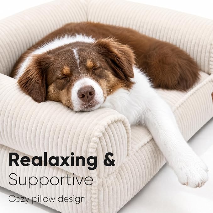 FUKUMARU Cute Dog Bed, Thickened Orthopedic Dog Sofa, Waterproof&Washable | 36" Corduroy Dog Couch with 4" Extra-Thick Egg-Crate Foam, Large Pet Bed for Medium to Large Dogs