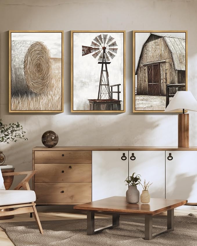 Drsoum Farmhouse Wall Art Vintage Rustic Windmill Barn Cornfield Pictures Framed Painting Landscape Countryside Rural Canvas Artwork Home Decor Ready to Hang 24x36in - Natural Framed