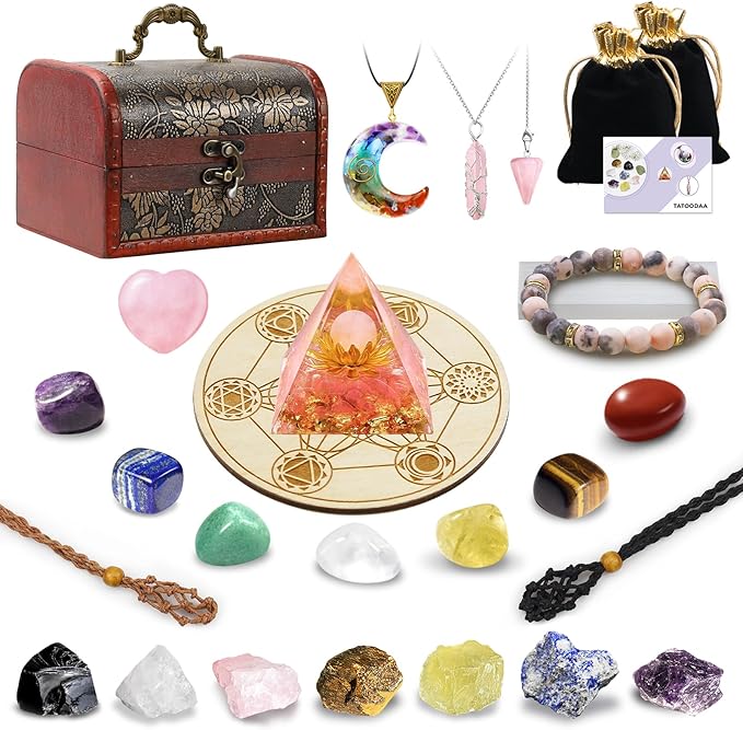 28 Pcs Healing Crystals and Stones, Chakra Crystal Set, 7 Chakra Stones Crystals Kit Pyramid Natural Real Raw Reiki Mditation for Beginners with Wooden Box, Gifts for Women, Valentine's Day Gift