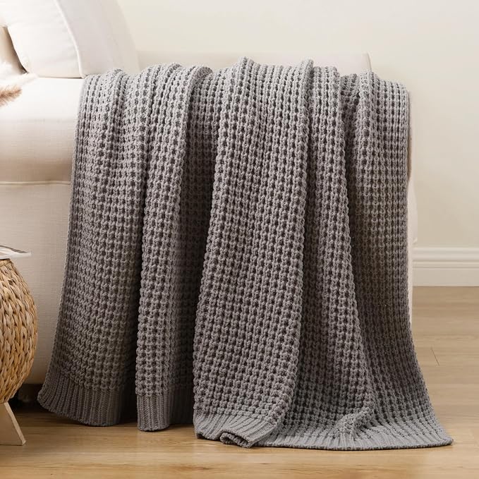 Grey Throw Blanket for Couch, Soft Knitted Chenille Throw Blanket 50"x60" | Chunky Waffle Knit Throw Blanket, Light Gray Throw Blanket for Bed Sofa Living Room, Modern Farmhouse Knitted Style