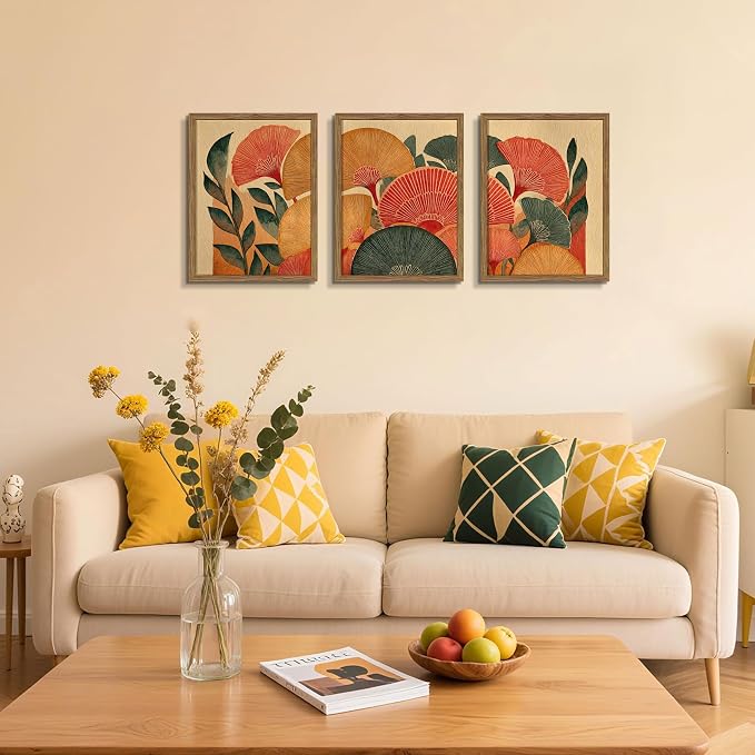 Framed Colorful Botanical Wall Art Set of 3, Vintage Ginkgo Leaves Canvas Wall Decor Paintings, Mid Century Abstract Flowers Posters Prints Pictures for Living Room Bedroom Bathroom 16x24 Inch