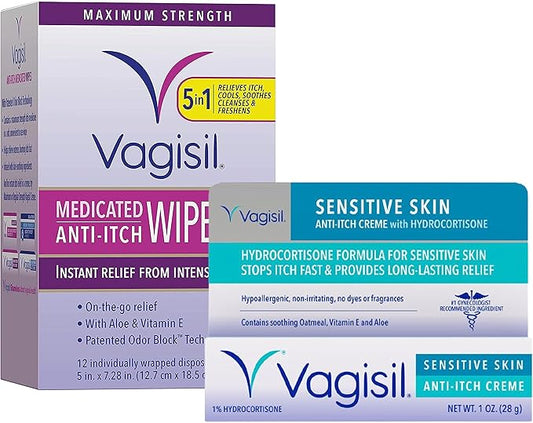 Vagisil Anti-Itch Feminine Hygiene Care Multipack for Women, 12 Medicated Intimate Wipes and Vagisil Maximum Strength Feminine Anti-Itch Creme - 1 oz, Helps Relieve Yeast Infection Irritation