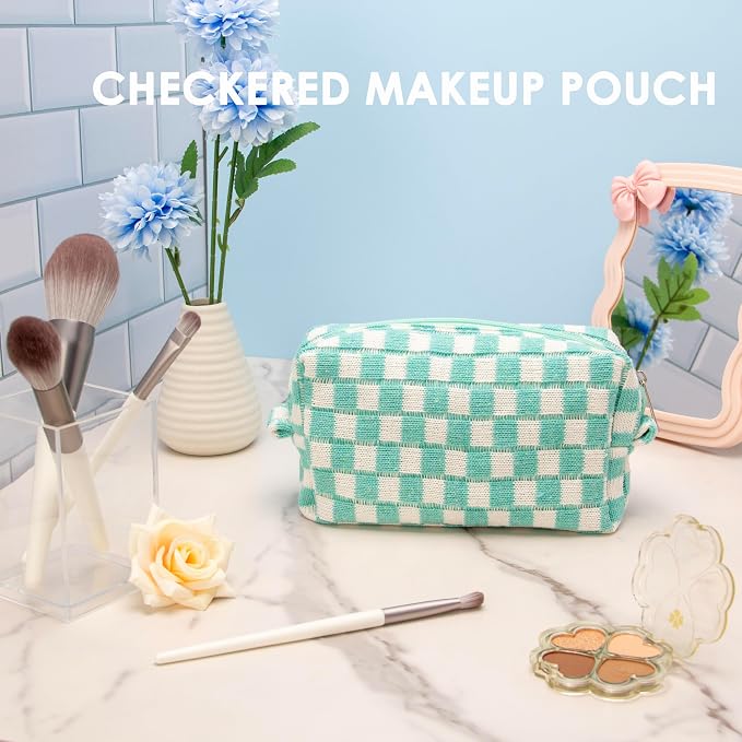 PAZIMIIK Checkered Makeup Bag for Purse Portable Zipper Make Up Pouch Small Cosmetic Case for Travel Accessories (6PCS Arctic Blue)