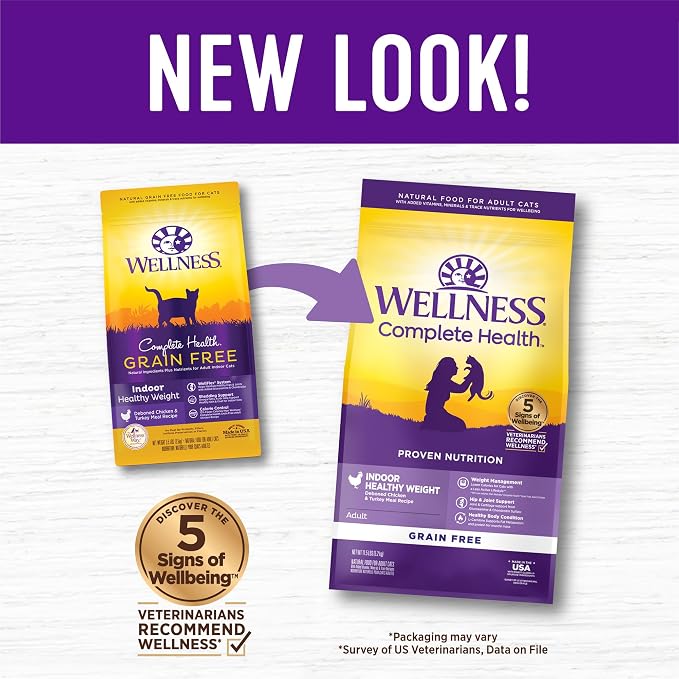 Wellness Complete Health Adult Dry Cat Food for Indoor Cats, Natural, Grain Free Kibble, Healthy Weight Chicken & Turkey Meal, 11.5 lb Bag