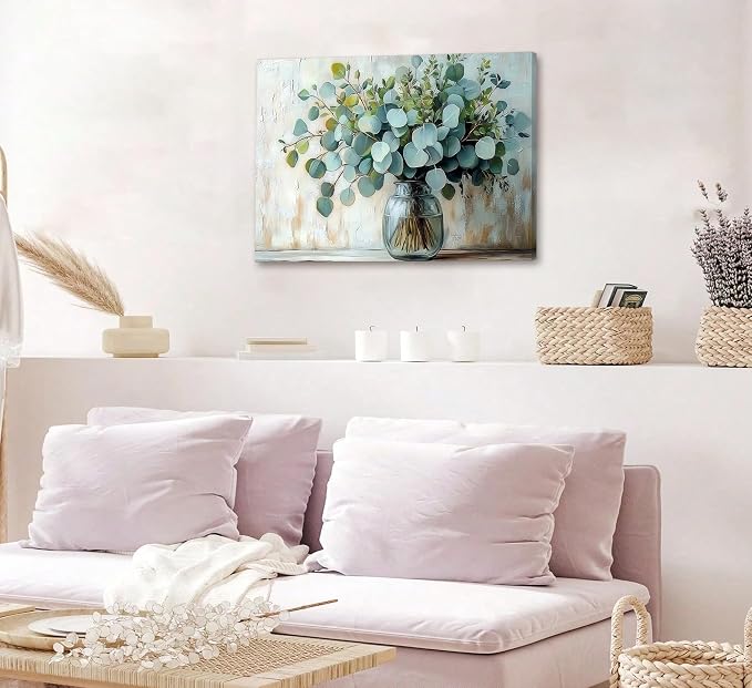 Eucalyptus Flower Vase Canvas Wall Art Sage Green Canvas With Plants Wall Decor Farmhouse Vintage Green Plants Poster Print Artwork for Bathroom Living room Bedroom Home Decoration