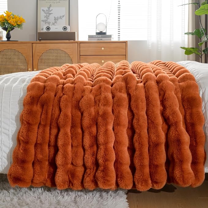Luxury 1000GSM Rabbit Faux Fur Blanket, Super Warm Cozy Brown Blankets for Couch Bed Sofa, Ruched Plush Fuzzy Elegant Soft Reversible Mink Blanket Living Room Bedroom, 50" x 60",Orange