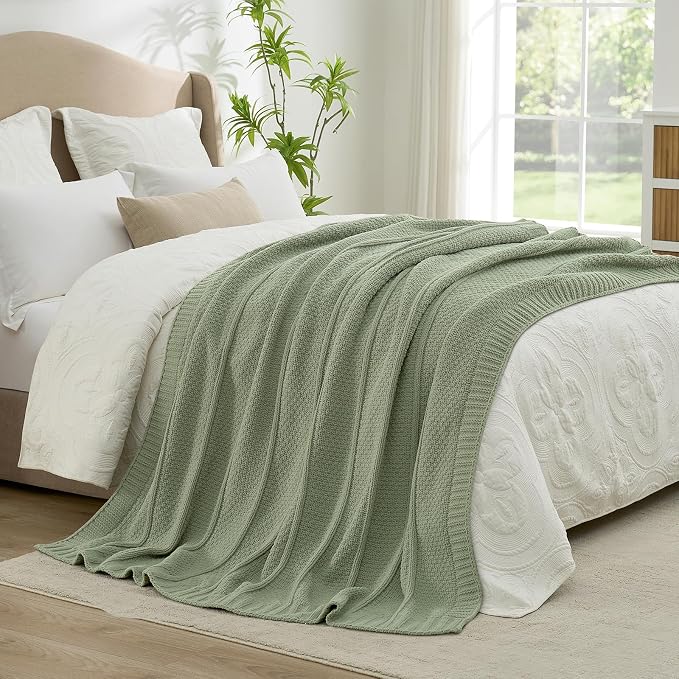 Chenille Throw Blanket for Couch, Soft Cozy Chunky Knit Blanket, Moss Stitch Throw for Sofa, Bed, Living Room, Lightweight Warm Home Decor, Sage Green 60"x80"