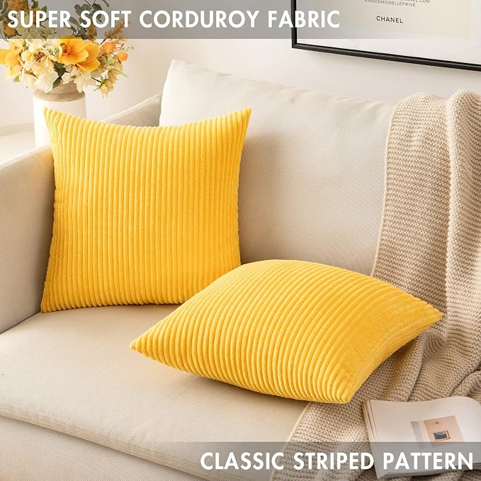 MIULEE Fall Soft Corduroy Throw Pillow Covers Set of 2 18x18 Golden Yellow | Decorative Striped Textured Cushion Cases, Boho Energetic Vibe Pillowcases, Home Decor for Couch Chair Sofa Bed Living Room