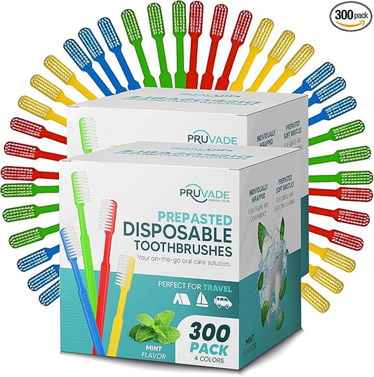Pruvade 300 Pack Disposable Toothbrushes with Toothpaste, Built in | Prepasted Toothbrushes Individually Wrapped | Single Use Waterless Tooth Brush Soft Bristles for School, Hotel, Camping, Travel