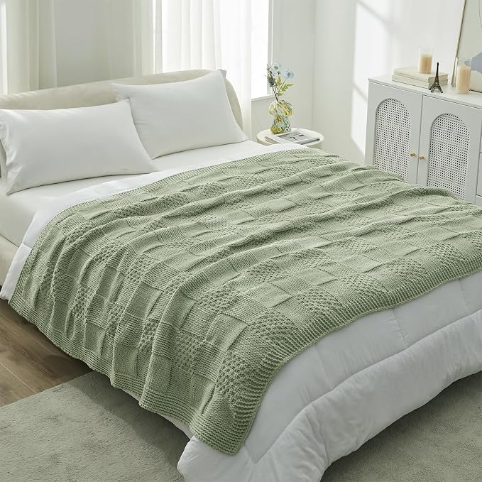 Knit Throw Blanket, Soft Chenille Cozy Breathable Checkered Chunky Decorative Blanket for Couch, Bed & Sofa, French-Inspired Lightweight Warm Gift for Women, Sage Green, 50"x60"