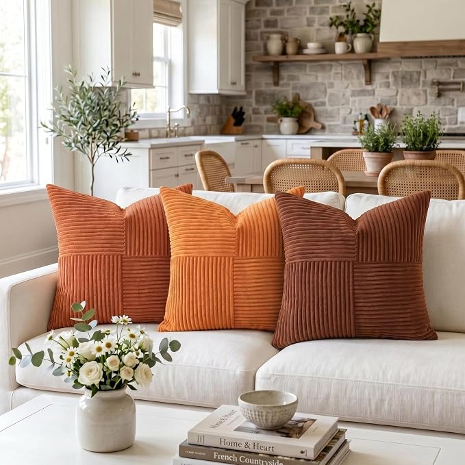 Fancy Homi Orange Fall Decorative Throw Pillow Covers 16x16 Inch for Living Room Couch Bed Sofa, Farmhouse Boho Home Decor, Soft Corss Patchwork Corduroy Textured Square Cushion Case 40x40 cm