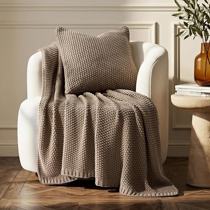 Organic Cotton Chunky Knit Throw Blanket, 50 x 60 Stone Taupe | OCS Certified Organic Cotton, Seed Stitch Knit, Soft & Breathable, Cozy Midweight, Decorative Throw for Couch, Bed & Sofa