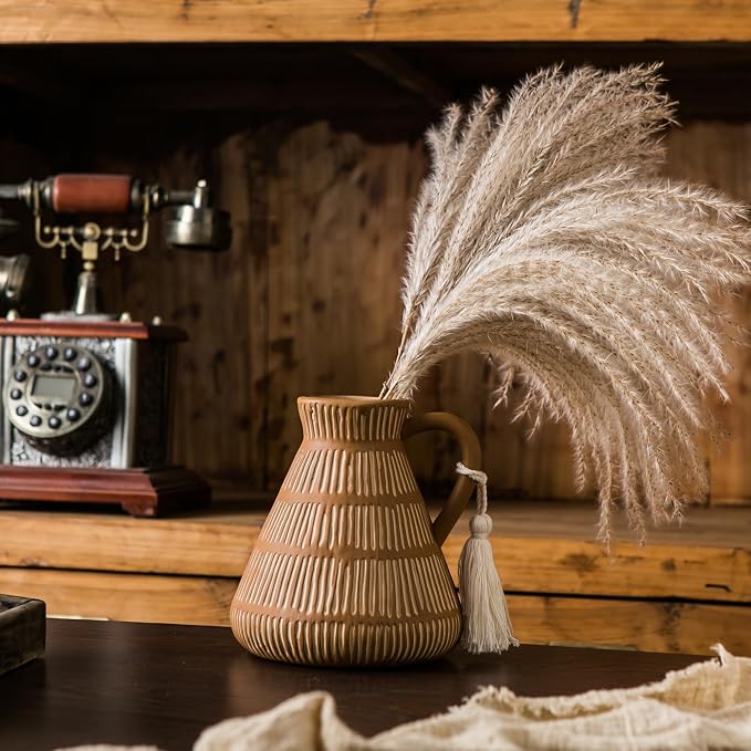 Mowtanco Rustic Farmhouse Vase with Handle and Tassel, Vertical Stripes Terracotta Pottery - Vintage Ceramic Clay for Home Décor, Shelf, Table, Bookshelf, Mantle, Entryway