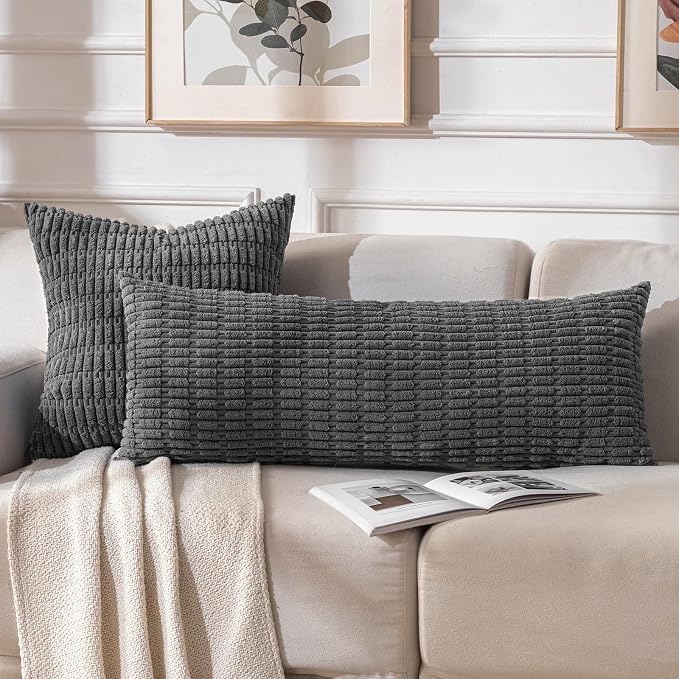Fancy Homi Decorative Throw Pillow Covers for Bed Couch Bedroom Bench, Soft Corduroy Solid Pillow Case, Rustic Farmhouse Boho Room Decor,36" x 14" (Pack of 1),Dark Gray