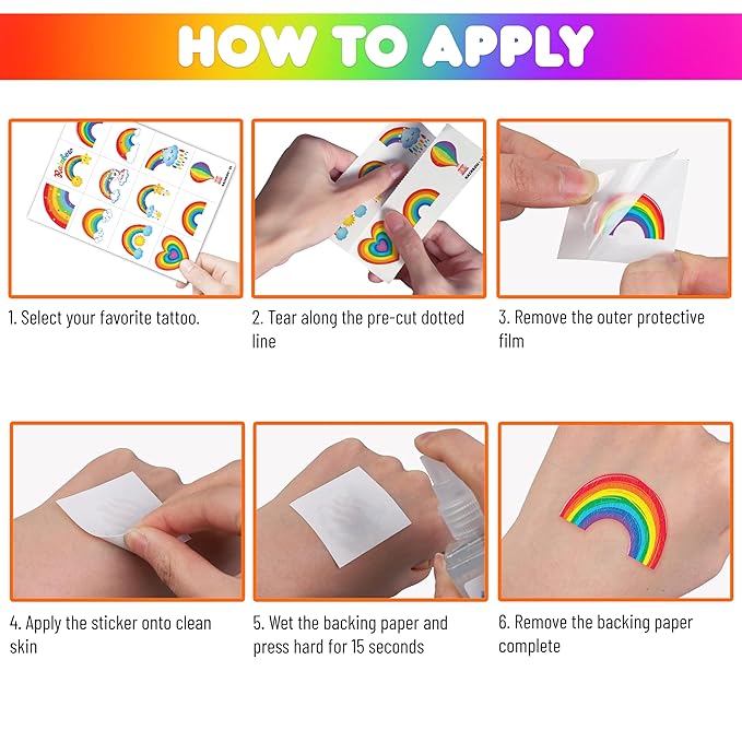 96 PCS Rainbow Pastel Rainbow Pre-Cut Temporary Tattoos for Kids | Super Cute Themed Birthday Party Favors, Supplies, Decorations, Colorful Fake Tattoo Stickers (Multiple)