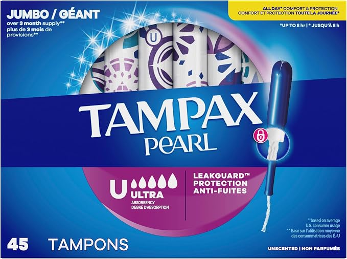 Tampax Pearl Tampons for Women, with LeakGuard Braid, Ultra Absorbency, Unscented, 45 Count