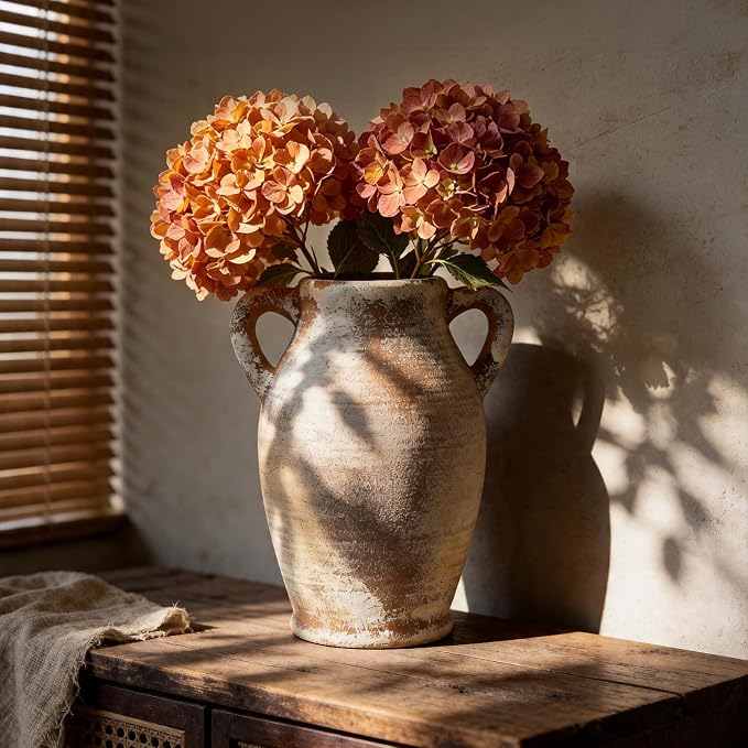 Ceramic Flower Vase, 8.3" Rustic Farmhouse Table Vase, Low Profile Decorative Pottery Vase for Fresh Flowers, Faux Stems, Coffee Table, Kitchen, Bathroom and Shelf Decor
