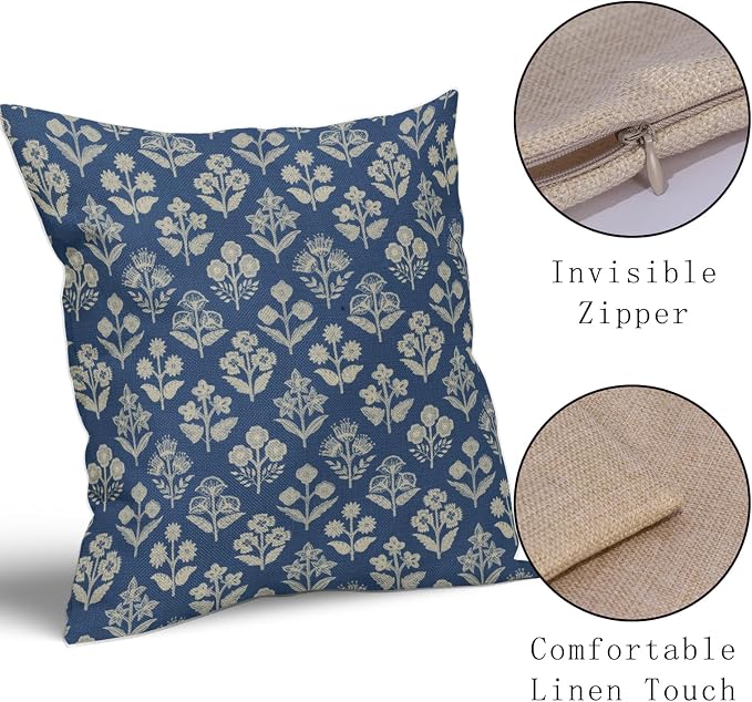 Blue Floral Pillow Covers 24x24 Inch Set of 2, Vintage Flower Block Print Pattern Decorative Throw Pillowcases Outdoor Farmhouse Cushion Covers Spring Summer Rustic Sofa Couch Bed Decor