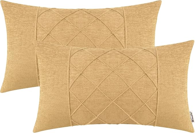 BRAWARM Chenille Throw Pillow Covers 12x20 Inches, Gold, 2 Pack | Decorative Lumbar Pleated Pillow Covers, Soft Cushion Cases for Sofa Bed Living Room Home Farmhouse (No Insert)