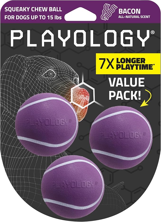 Playology Squeaky Chew Ball Dog Toy - Small, Bacon Scent, 3-Pack
